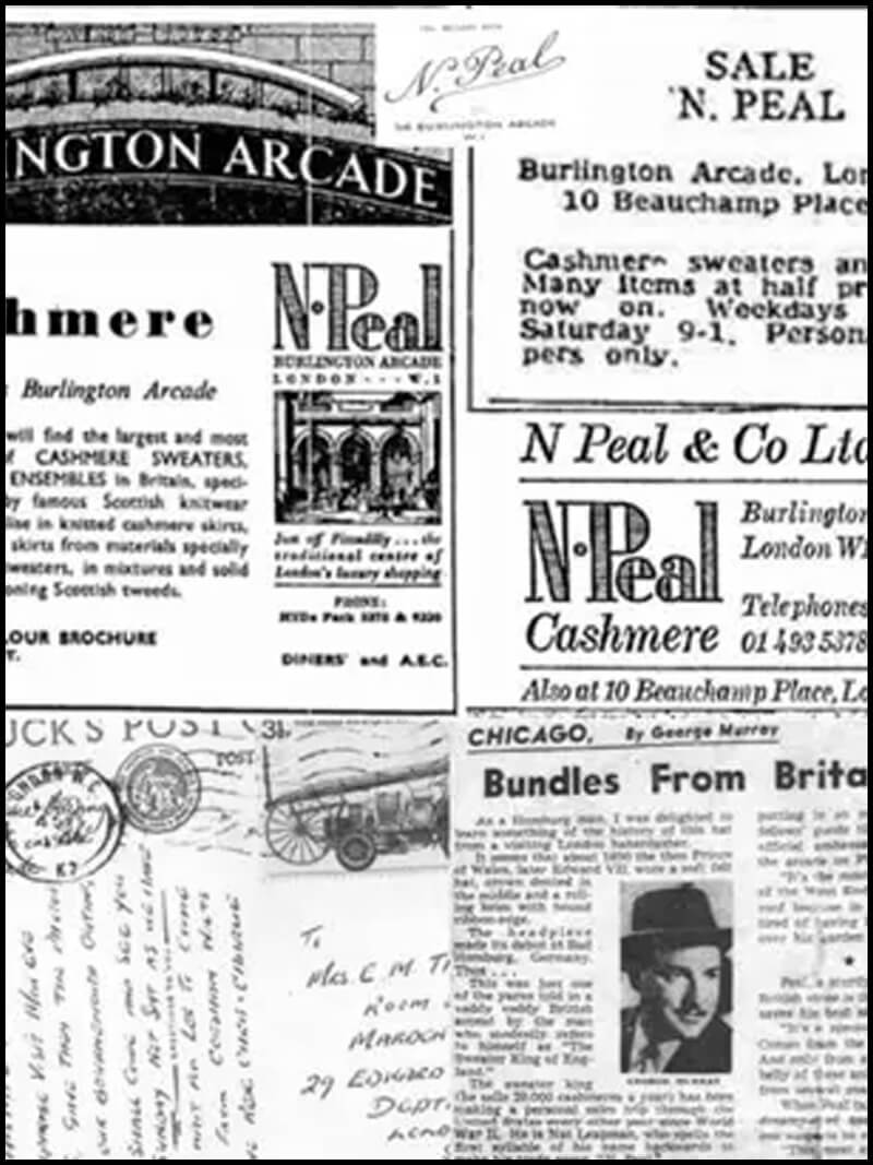 Collage of vintage black-and-white newspaper clippings and advertisements for N.Peal cashmere, featuring text, store addresses, promotional offers, and archival images, including Burlington Arcade signage, old postcards, and a portrait photograph