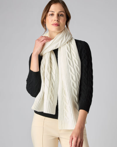 N.Peal Women's Cable Rib Cashmere Scarf New Ivory White