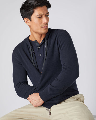 N.Peal Men's Hooded Zipped Cashmere Top Navy Blue