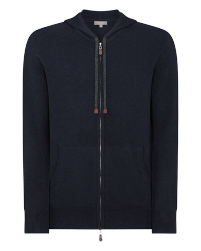 N.Peal Men's Hooded Zipped Cashmere Top Navy Blue