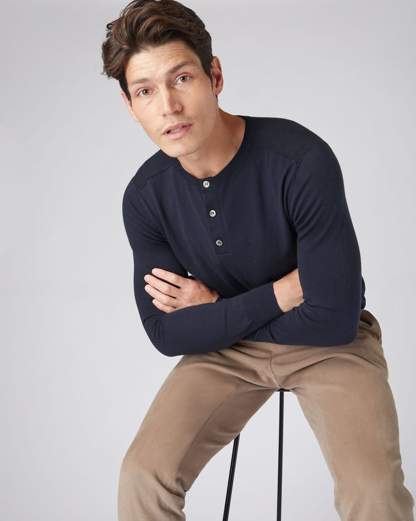 Men's Round Neck Cotton Cashmere Henley Navy Blue | N.Peal