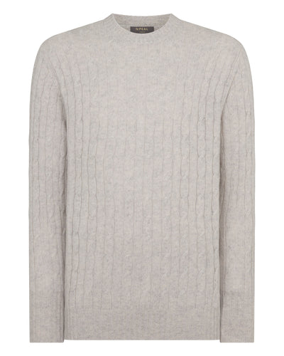 N.Peal Men's Thames Cable Round Neck Cashmere Jumper Nougat Brown Marl