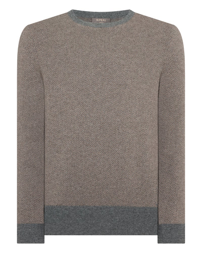 N.Peal Men's Oxford Herringbone Round Neck Cashmere Jumper Smoky Herringbone Grey