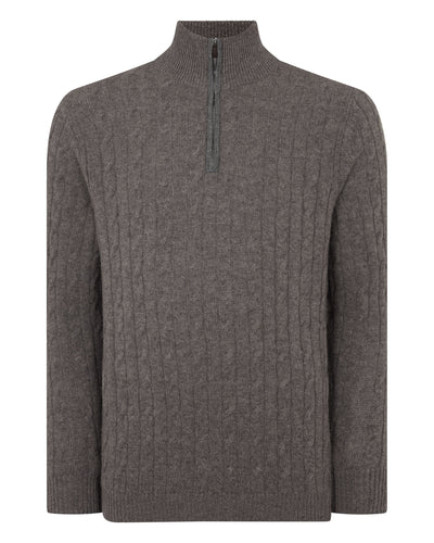 N.Peal Men's Albemarle Cable Half Zip Cashmere Jumper Wood Smoke Brown