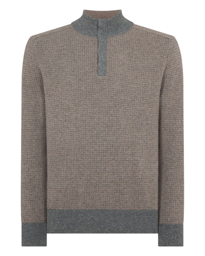 N.Peal Men's Half Button Herringbone Cashmere Jumper Truffle Houndstooth Grey