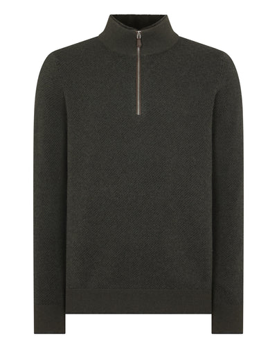 N.Peal Men's Fur Trim Half Zip Cashmere Jumper Arabica Khaki Green