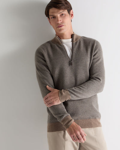N.Peal Men's Temple Jacquard Half Zip Cashmere Jumper Smoky Herringbone Grey