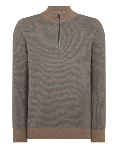 N.Peal Men's Temple Jacquard Half Zip Cashmere Jumper Smoky Herringbone Grey