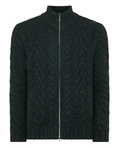 N.Peal Men's Cable Full Zip Cashmere Jumper Green Melange