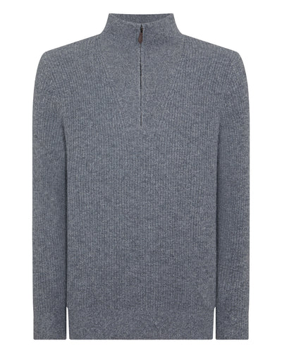N.Peal Men's Half Zip Rib Cashmere Jumper Grey Melange