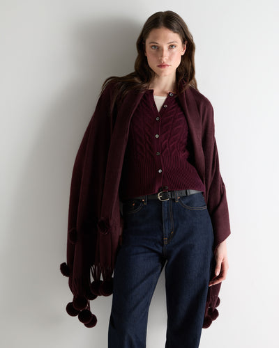 N.Peal Women's Davos Fur Bobble Woven Shawl Claret Red