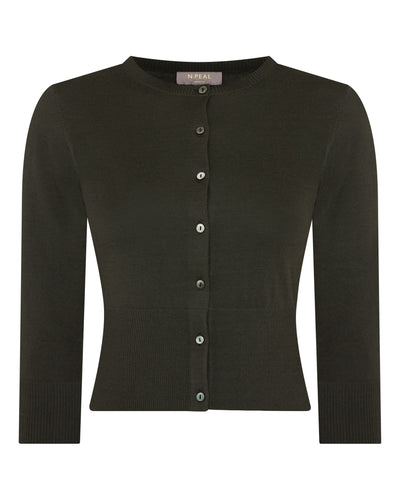 N.Peal Women's Darcie Superfine Cashmere Cropped Cardigan Arabica Khaki Green