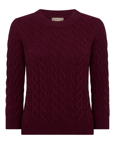 N.Peal Women's Emilia Cable Round Neck Cashmere Jumper Bordeaux Red