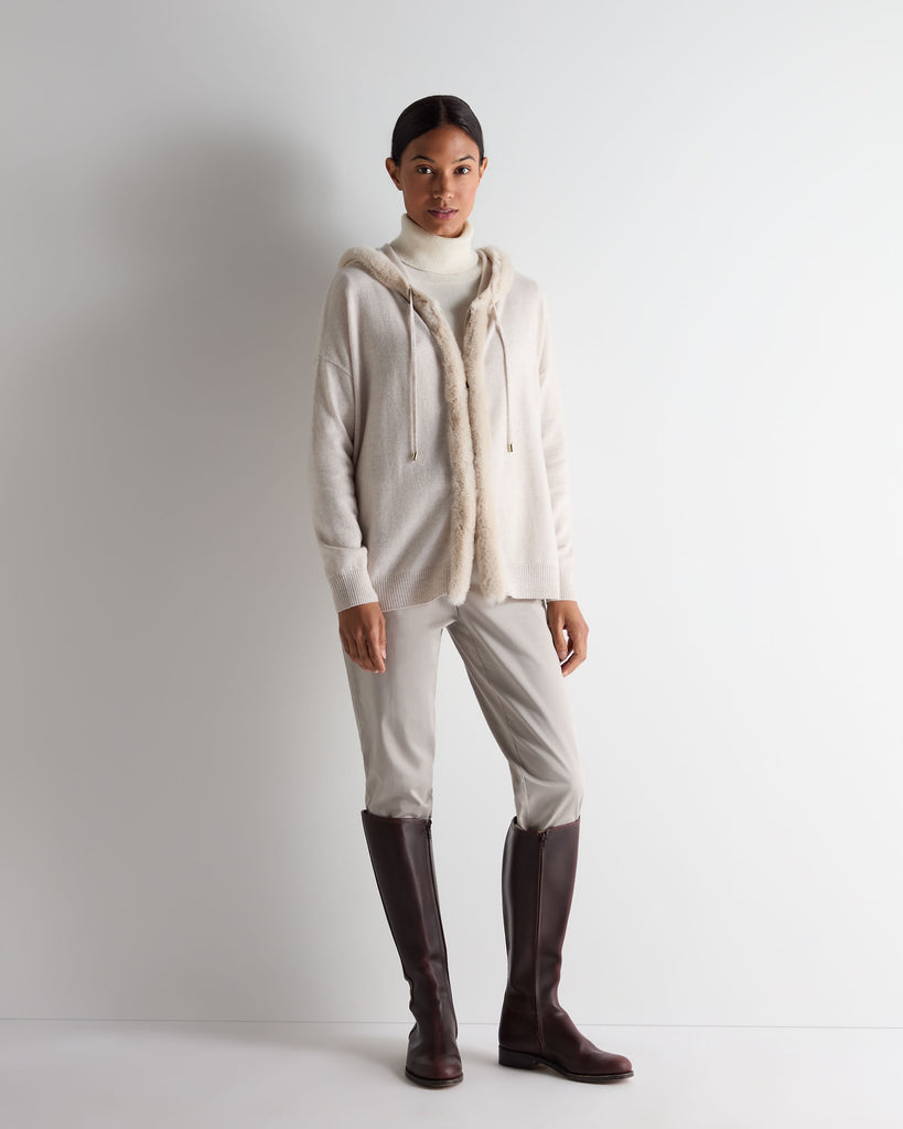 Women's Fur Trim Cashmere Hoodie Frost White | N.Peal
