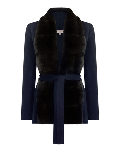 N.Peal Women's Ruby Herringbone Fur Cardigan Navy Blue