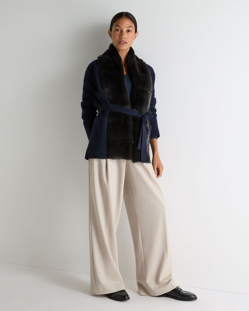Women's Herringbone Fur Cardigan Navy Blue | N.Peal