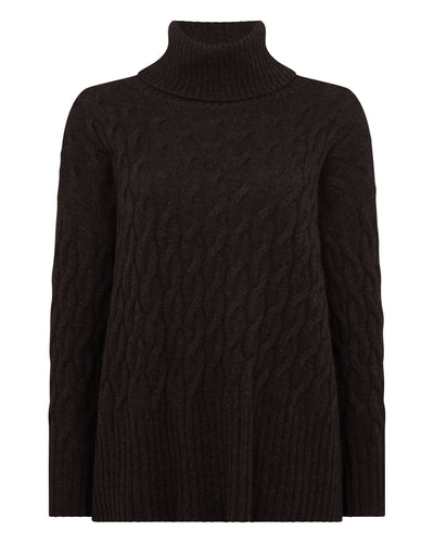 N.Peal Women's Emmie Relaxed Cable Roll Neck Cashmere Jumper Chocolate Brown