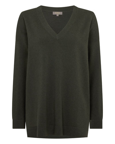 N.Peal Women's Longline V Neck Cashmere Jumper Arabica Khaki Green