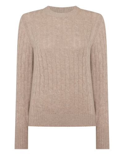 N.Peal Women's Adelyn Cable Round Neck Cashmere Jumper Oatmeal Brown