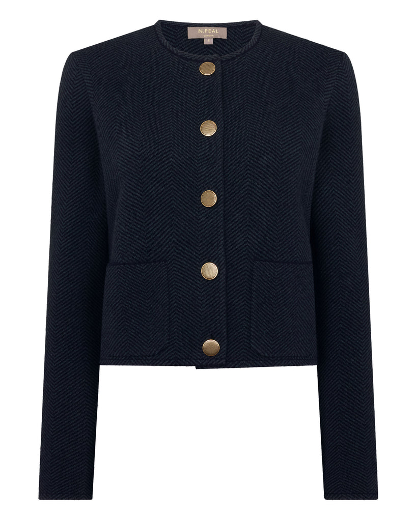 Women's Collarless Jacquard Cashmere Jacket Navy Blue | N.Peal