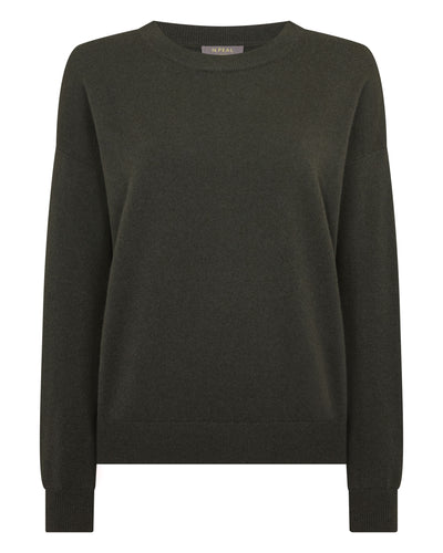 N.Peal Women's Oversized Round Neck Cashmere Jumper Arabica Khaki Green