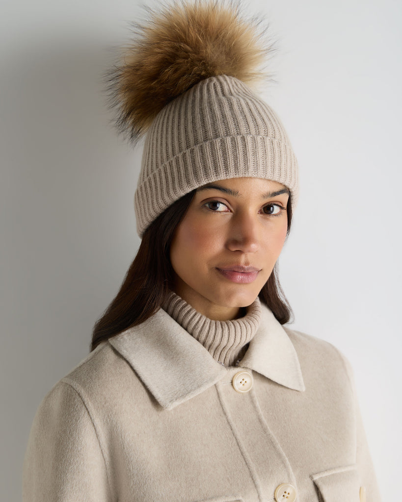 Unisex Ribbed Cashmere Hat With Detachable Pom Cashew Brown | N.Peal