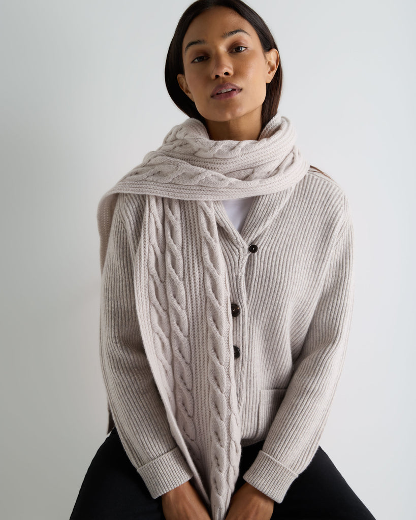 Unisex Cable Rib Cashmere Scarf Snow Grey | N.Peal