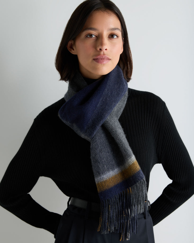 Unisex Cashmere Check Scarf Navy Blue + Mustard Yellow | N.Peal