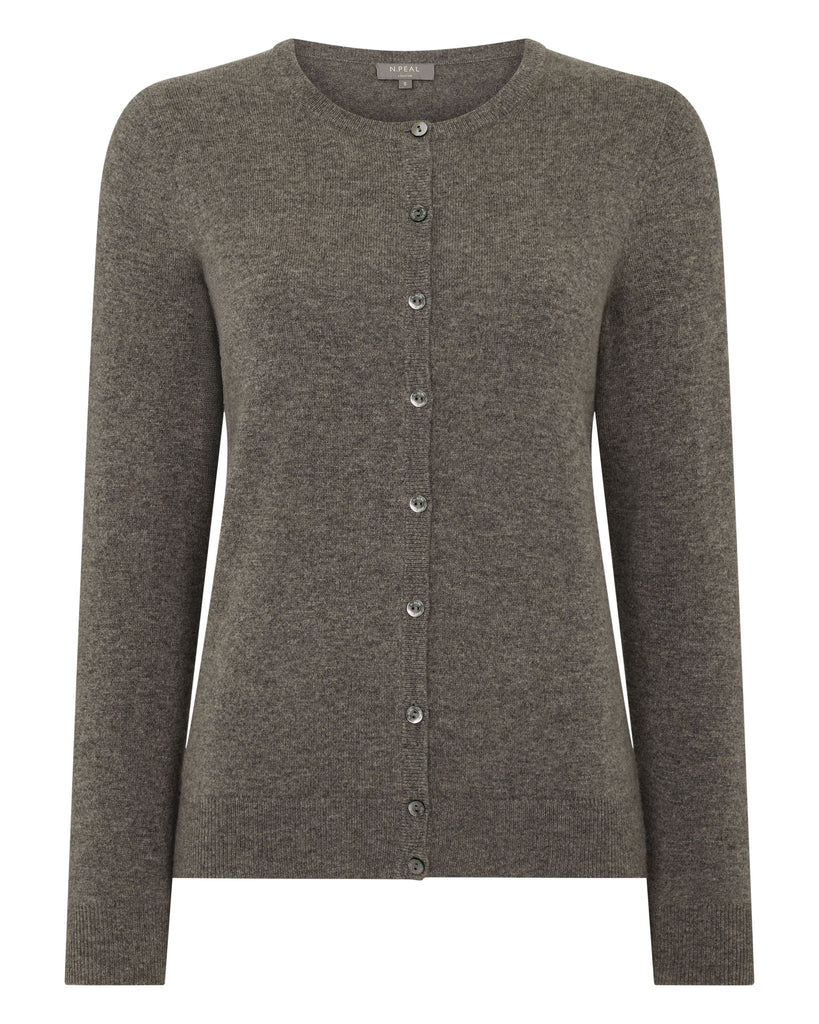 Women's Olivia Round Neck Cashmere Cardigan Wood Smoke Brown | N.Peal