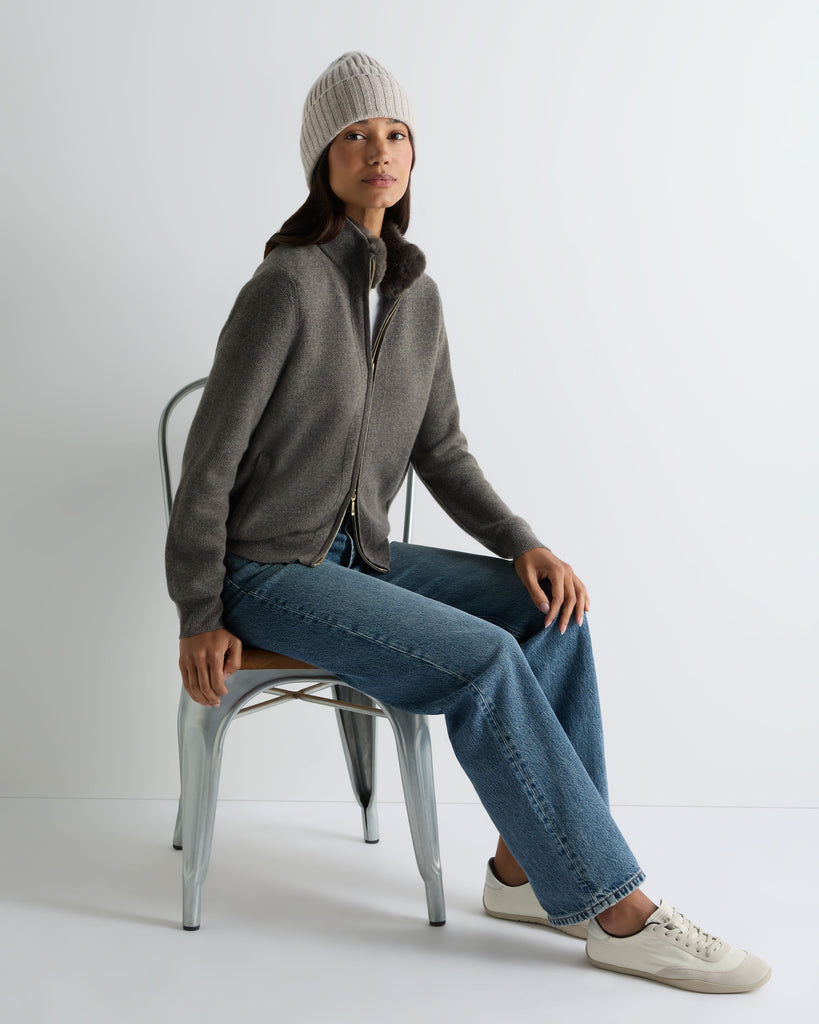 Women's Honeycomb Full Zip Cashmere Jumper With Fur Trim Wood