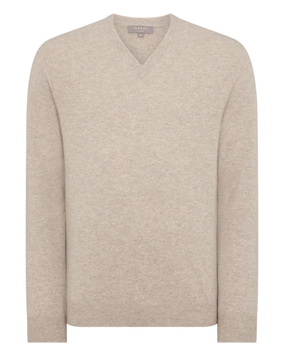 N.Peal Men's Burlington V Neck Cashmere Jumper Oatmeal Brown