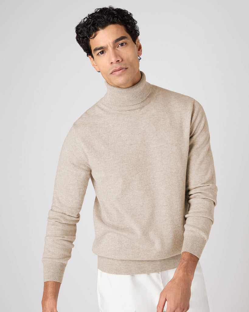 Men's Trafalgar Roll Neck Cashmere Jumper Oatmeal Brown | N.Peal