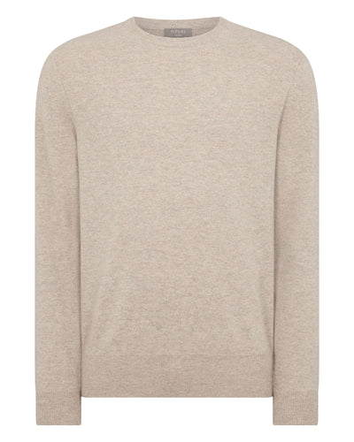 N.Peal Men's Oxford Round Neck Cashmere Jumper Oatmeal Brown