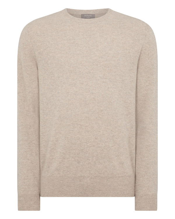 N.Peal Men's Oxford Round Neck Cashmere Jumper Oatmeal Brown