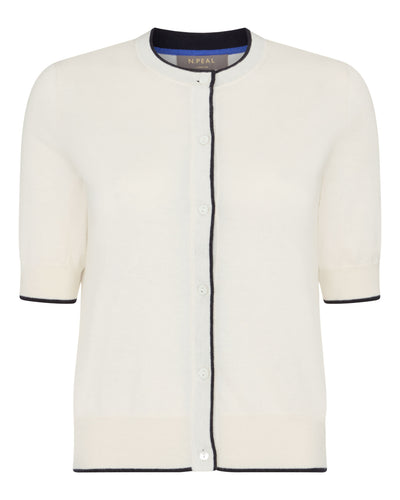 N.Peal Women's Cotton Cashmere Short Sleeve Cardigan New Ivory White