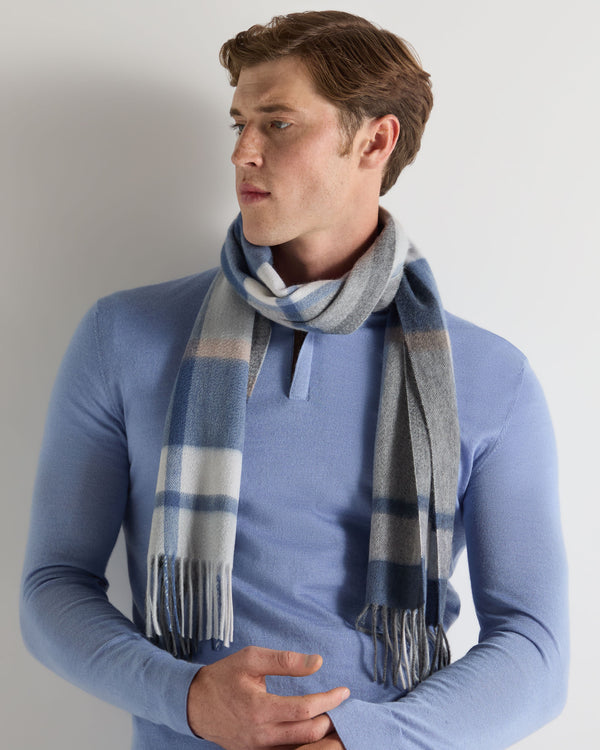 N.Peal Unisex Cashmere Check Scarf Blue Grey Check