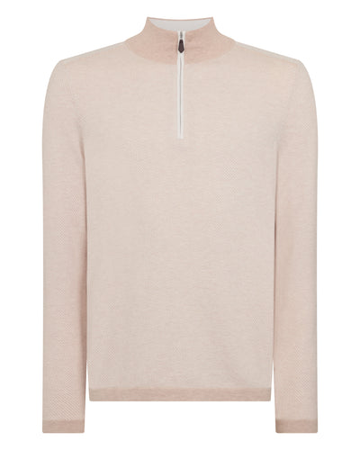 N.Peal Men's Salcombe Jacquard Half Zip Cotton Cashmere Jumper Sandstone Brown