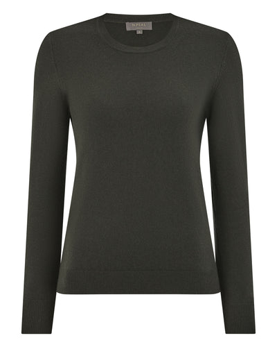 N.Peal Women's Evie Classic Round Neck Cashmere Jumper Arabica Khaki Green