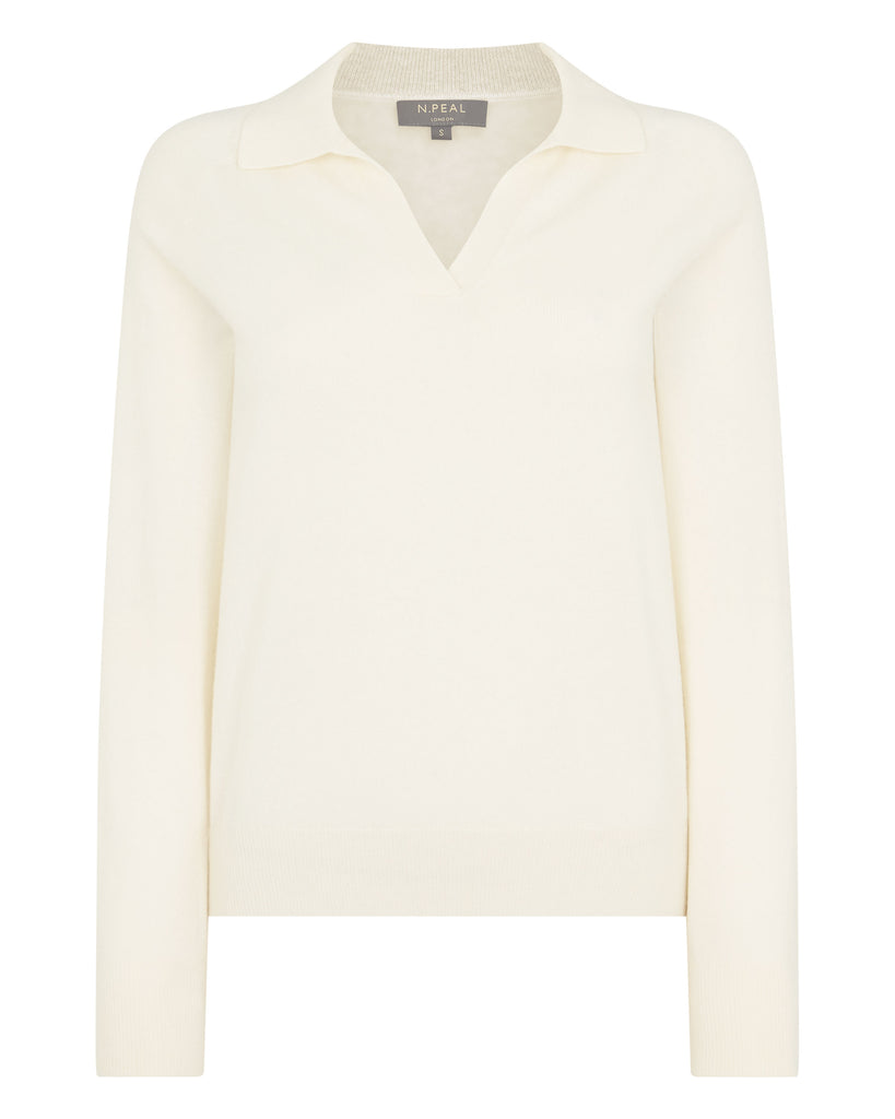 Amelia Stripe Cashmere Polo Top in Ivory/Beige main image 0