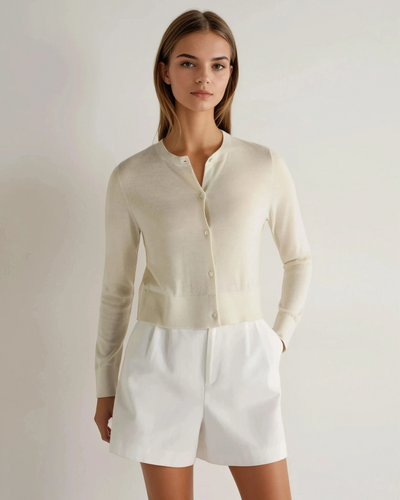 N.Peal Women's Superfine Cashmere Round Neck Cardigan New Ivory White