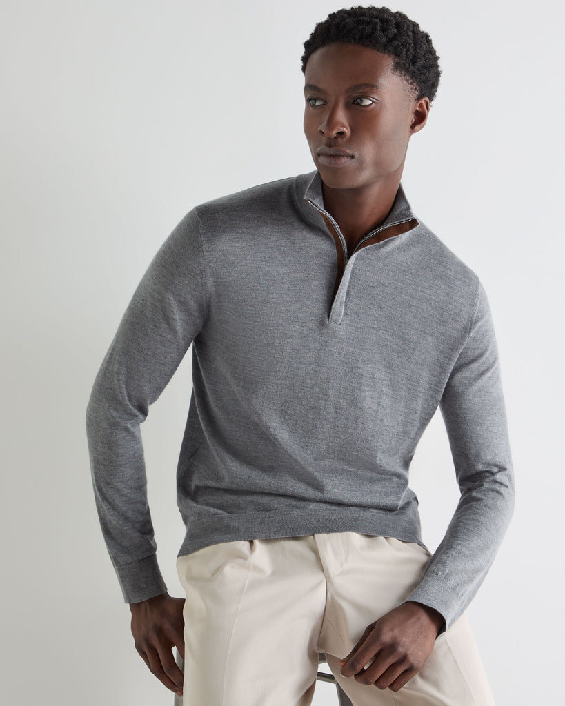 Men's Fine Gauge Cashmere Half Zip Jumper Graphite Grey | N.Peal