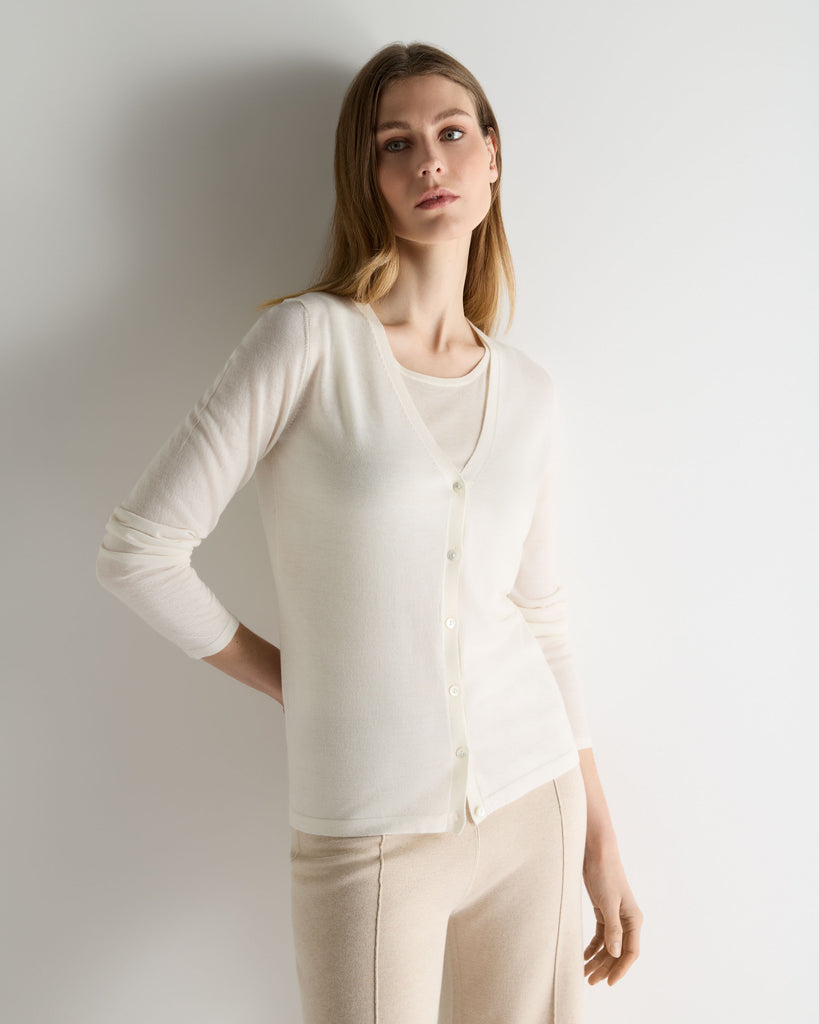 Women's Superfine Cashmere V Neck Cardigan New Ivory White | N.Peal