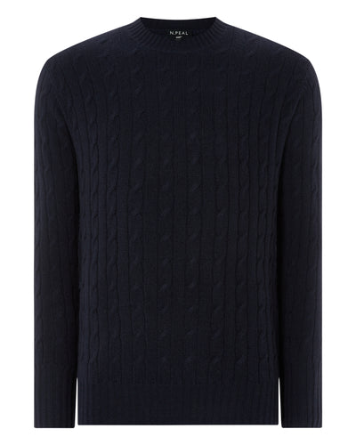 N.Peal Men's Thames Cable Round Neck Cashmere Jumper Navy Blue