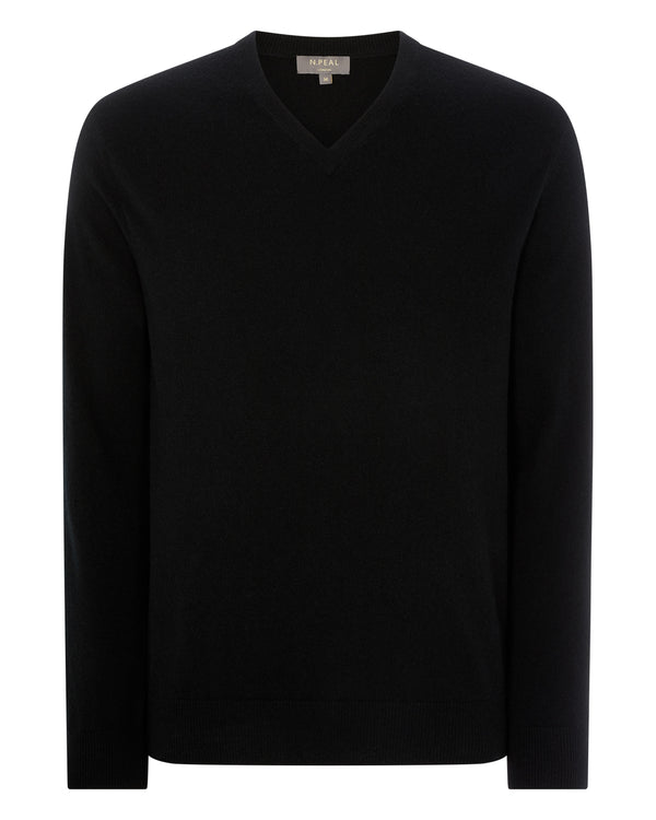 N.Peal Men's Burlington V Neck Cashmere Jumper Black