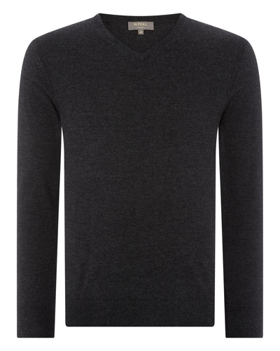 N.Peal Men's The Conduit Fine Gauge Cashmere Jumper Dark Charcoal Grey