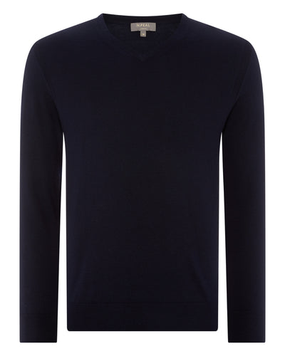 N.Peal Men's Conduit Fine Gauge Cashmere V Neck Jumper Navy Blue