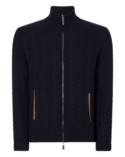 N.Peal Men's Richmond Cable Cashmere Cardigan Navy Blue