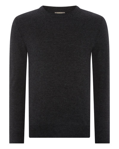 N.Peal Men's Fine Gauge Cashmere Round Neck Jumper Dark Charcoal Grey