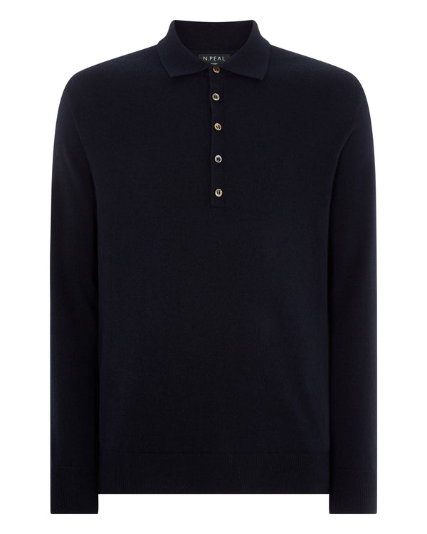 N.Peal 007 5 Button Cashmere Polo Shirt Navy Blue