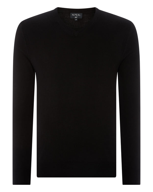 N.Peal 007 Fine Gauge Cashmere V Neck Jumper Black